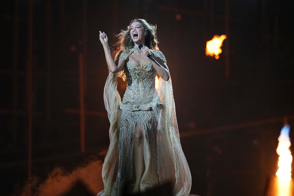 Delta Goodrem from Australia performs the song "Eclipse" during the Grand Final of the 70th Eurovision Song Contest in Vienna, Austria, Saturday, May 16, 2026. (AP Photo/Martin Meissner)
