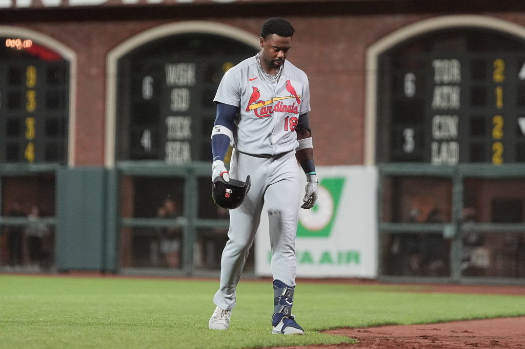 St. Louis Cardinals' Jordan Walker walks to the dugout after hitting into a double play during the sixth inning of a baseball game against the San Francisco Giants, Tuesday, Sept. 8, 2026, in San Francisco. (AP Photo/Jeff Chiu)