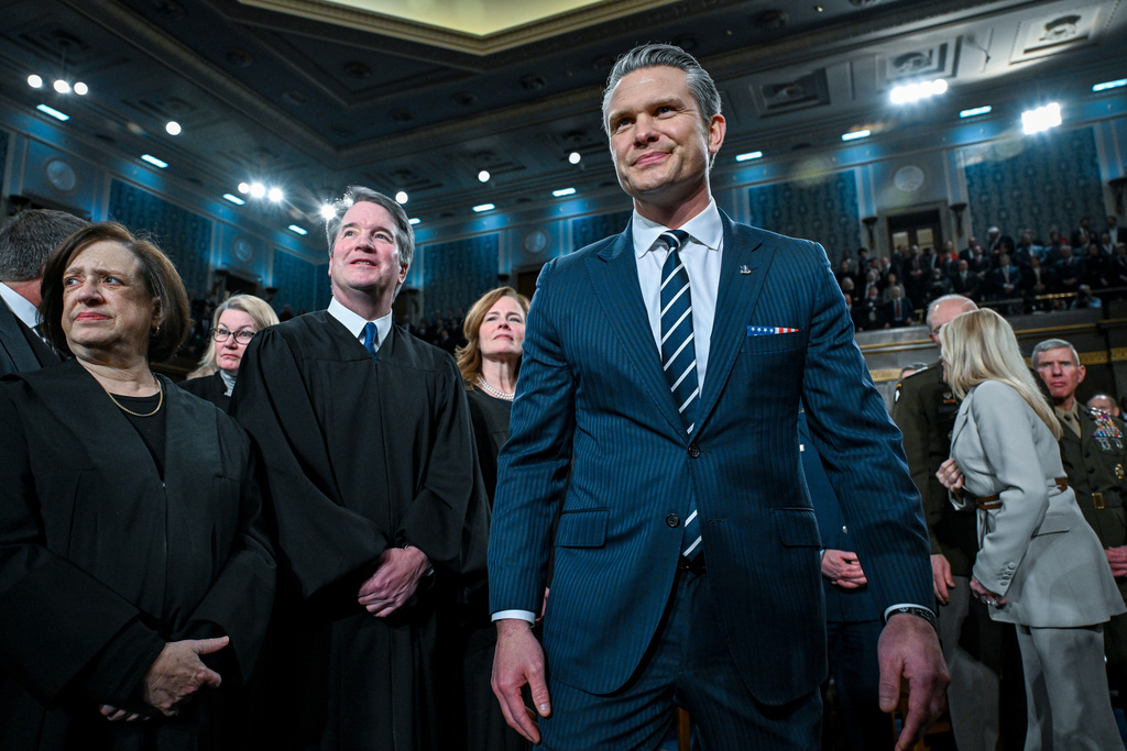 Secretary of Defense Pete Hegseth enters the House Chamber before President Donald Trump delivers the State of the Union address to a joint session of Congress in the House chamber at the U.S. Capitol in Washington, Tuesday, Feb. 24, 2026. (Kenny Holston/The New York Times via AP, Pool)