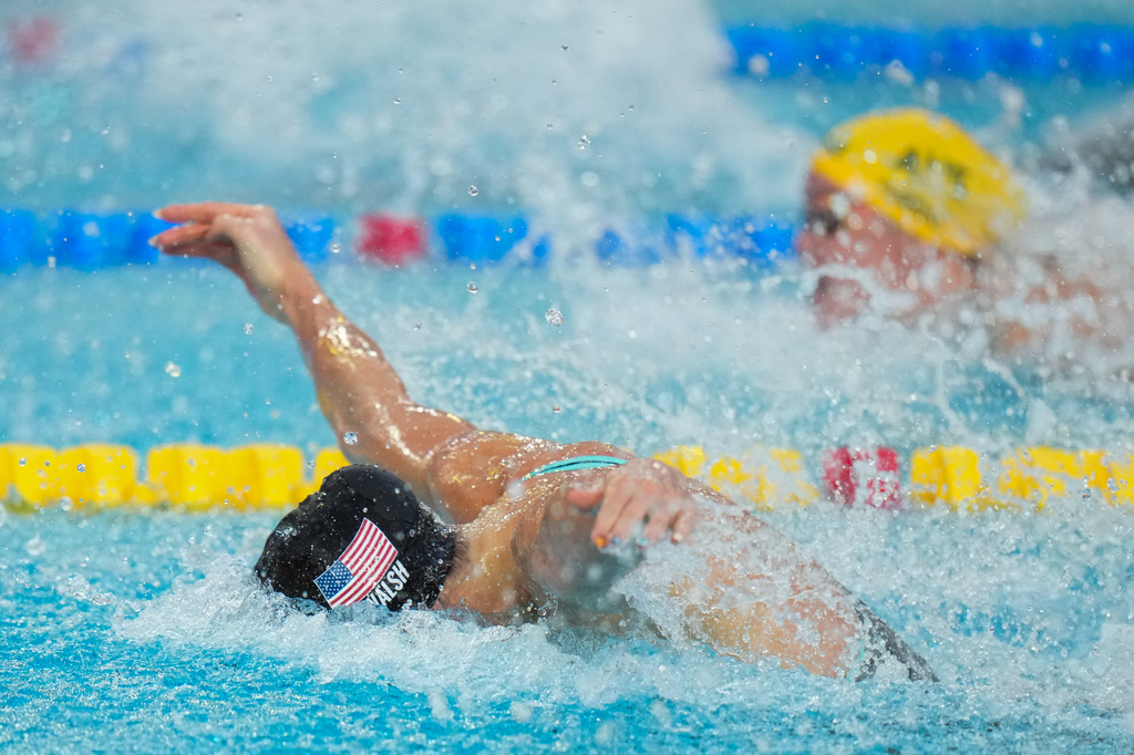 Gretchen Walsh, of the United States, competes in the women's 50-meter butterfly final at the Pan Pacific Swimming Championships in Irvine, Calif., Wednesday, Aug. 12, 2026. (AP Photo/Jae C. Hong)