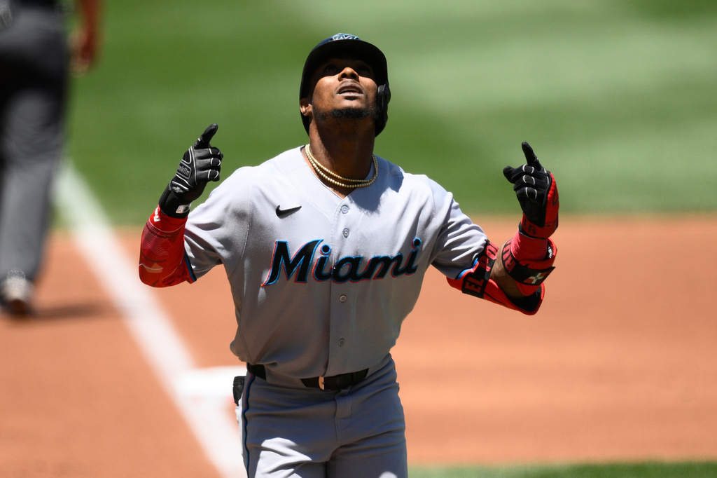 Miami Marlins' Esteury Ruiz celebrates his home run during the second inning of a baseball game against the Washington Nationals, Wednesday, June 3, 2026, in Washington. (AP Photo/Nick Wass)