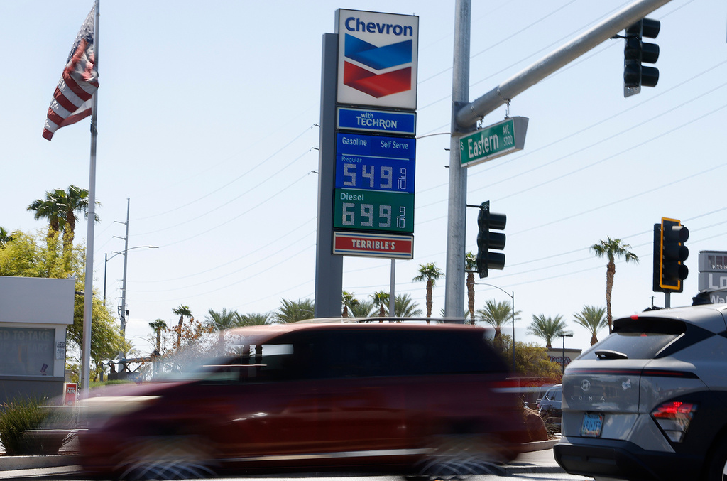 A Chevron station displays its gas prices on Friday, Sept. 18, 2026, on Eastern Avenue in Las Vegas.(Bizuayehu Tesfaye/Las Vegas Review-Journal via AP)