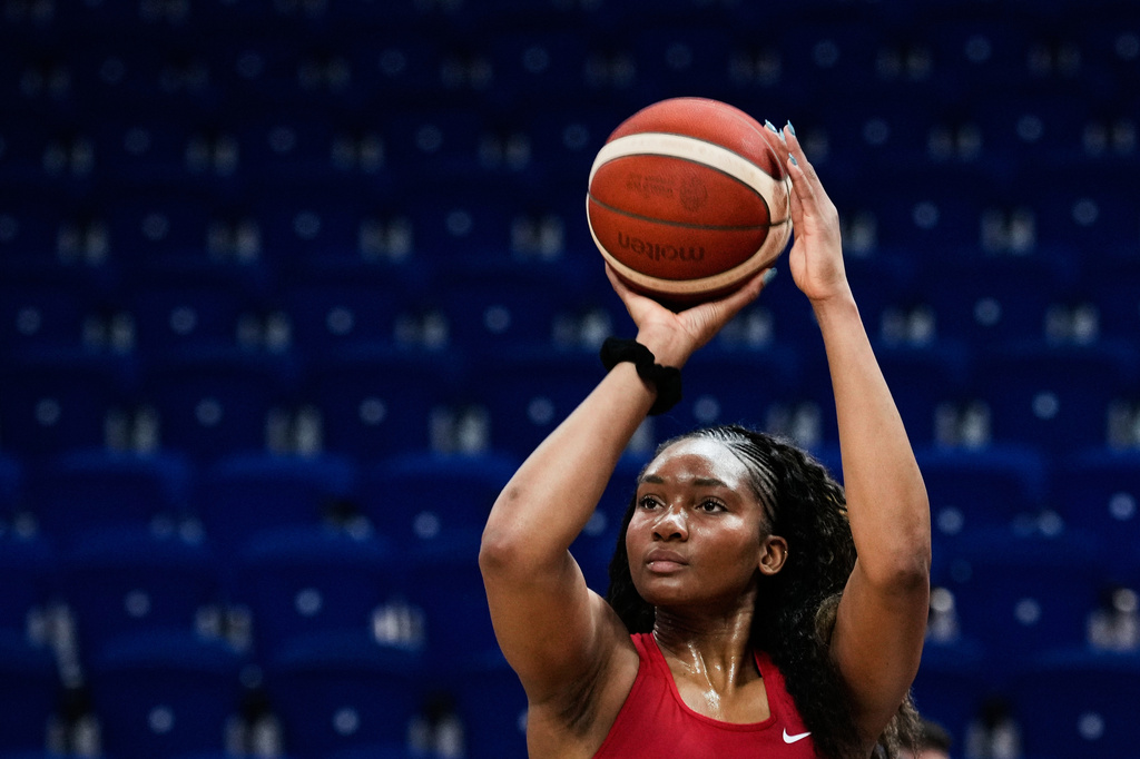Kiki Iriafen (9) of United States practices during a training session ahead of the match between China and United States during the Women's Basketball World Cup in Berlin, Germany, Wednesday, Sept. 2, 2026. (AP Photo/Ebrahim Noroozi)