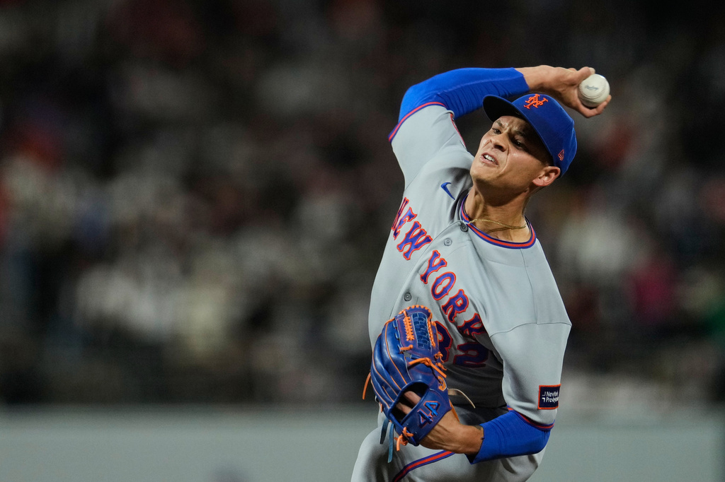 New York Mets pitcher Tobias Myers throws to a San Francisco Giants batter during the eighth inning of a baseball game Saturday, April 4, 2026, in San Francisco. (AP Photo/Godofredo A. Vásquez)