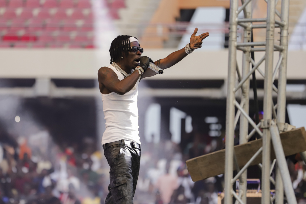 Ghanaian dancehall artist Charles Nii Armah Mensah, known by his stage name Shatta Wale, performs in Accra, Ghana, Sunday, July 6, 2025. (AP Photo/Peniel Brago Amoakohene)