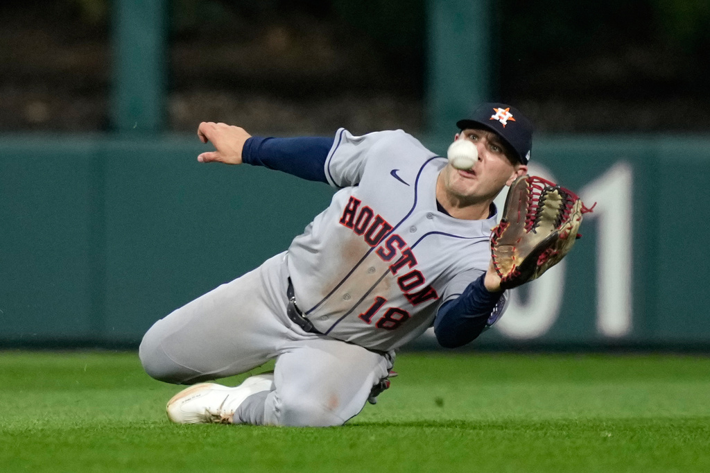 Houston Astros center fielder Daulton Varsho catches a line out by Philadelphia Phillies' Trea Turner during the fourth inning of a baseball game Tuesday, Sept. 8, 2026, in Philadelphia. (AP Photo/Matt Slocum)
