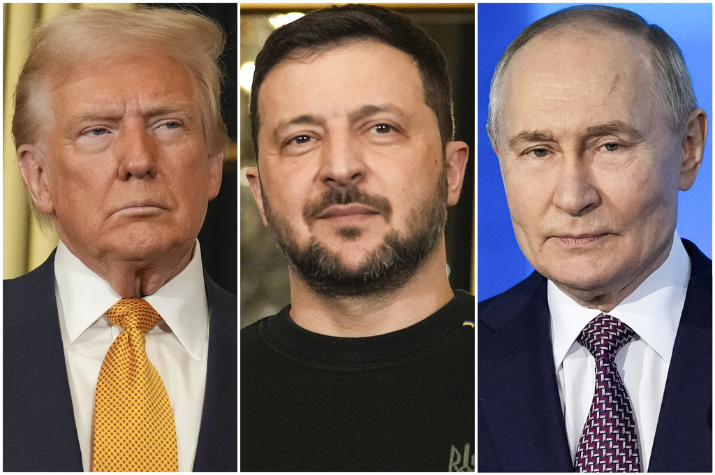 FILE - In this combination of file photos, U.S. President Donald Trump, left, and Ukraine's President Volodymyr Zelenskyy, center, are seen at the Elysee Palace, Dec. 7, 2024 in Paris, and Russian President Vladimir Putin addresses a Technology Forum in Moscow on Feb. 21, 2025. (AP Photo/Aurelien Morissard, left and center, Pavel Bednyakov, right, File)