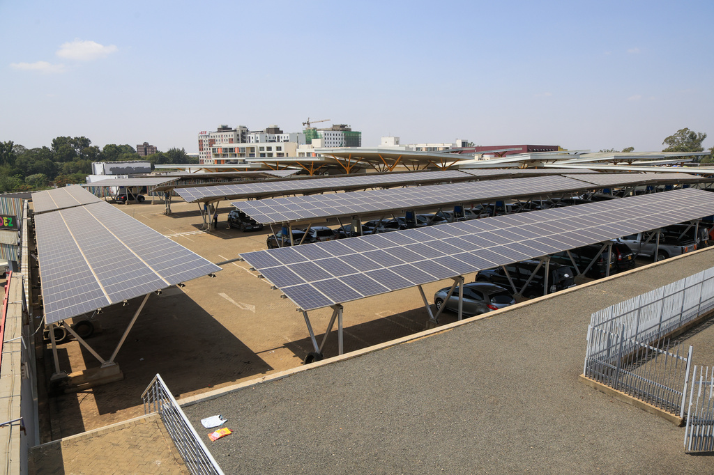FILE - Solar panels cover the parking lot of Garden City Mall in Nairobi, Kenya, July 16, 2026. (AP Photo/Andrew Kasuku, File)