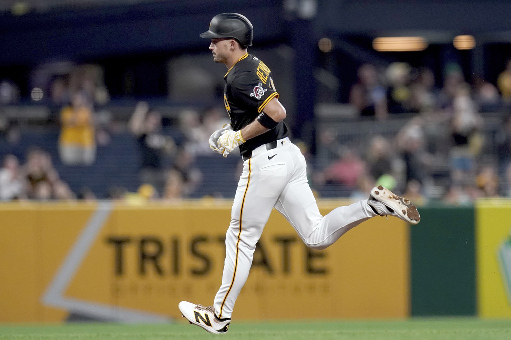 Pittsburgh Pirates' Bryan Reynolds rounds the bases after hitting a home run during the third inning of a baseball game against the Athletics, Saturday, Sept. 20, 2025, in Pittsburgh. (AP Photo/Matt Freed)