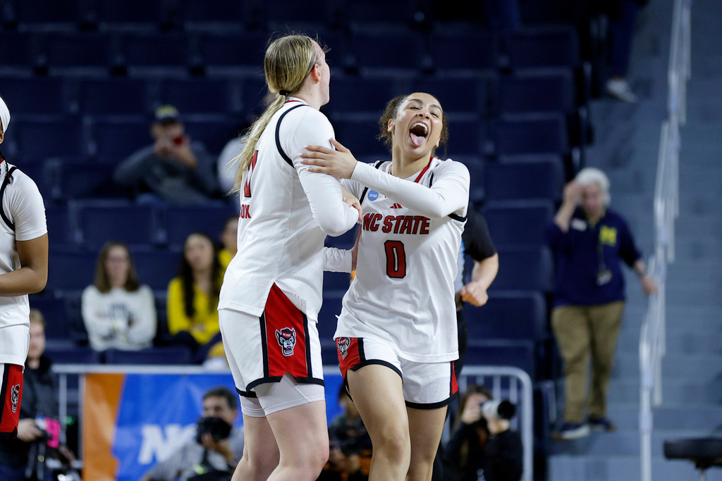 North Carolina State guard Devyn Quigley (0) and forward Maddie Cox, center left, celebrate after defeating Tennessee in the first round of the NCAA college basketball tournament, Friday, March 20, 2026, in Ann Arbor, Mich. (AP Photo/Al Goldis)