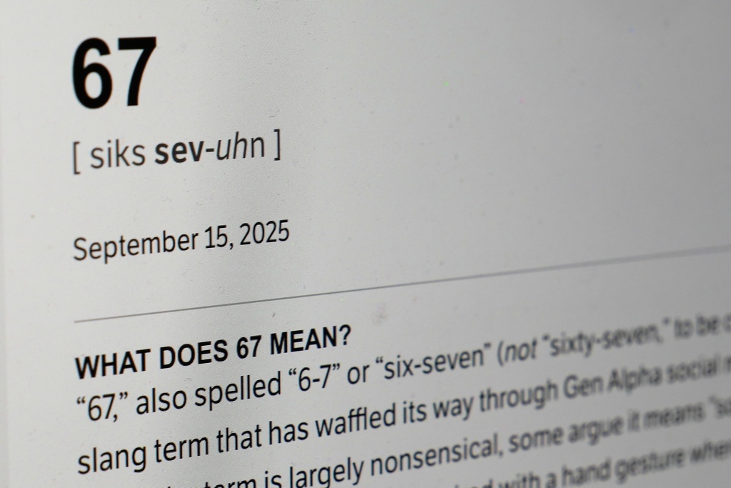 This Dictionary.com page shows the newest word of the year "6-7" on a computer screen, Thursday, Oct. 30, 2025, in Chicago. (AP Photo/Kiichiro Sato, File)