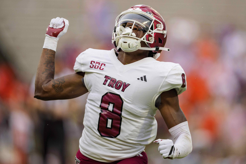 Troy cornerback Jaquez White reacts in the first half of an NCAA college football game against Clemson, Saturday, Sept. 6, 2025, in Clemson, S.C. (AP Photo/Jacob Kupferman)