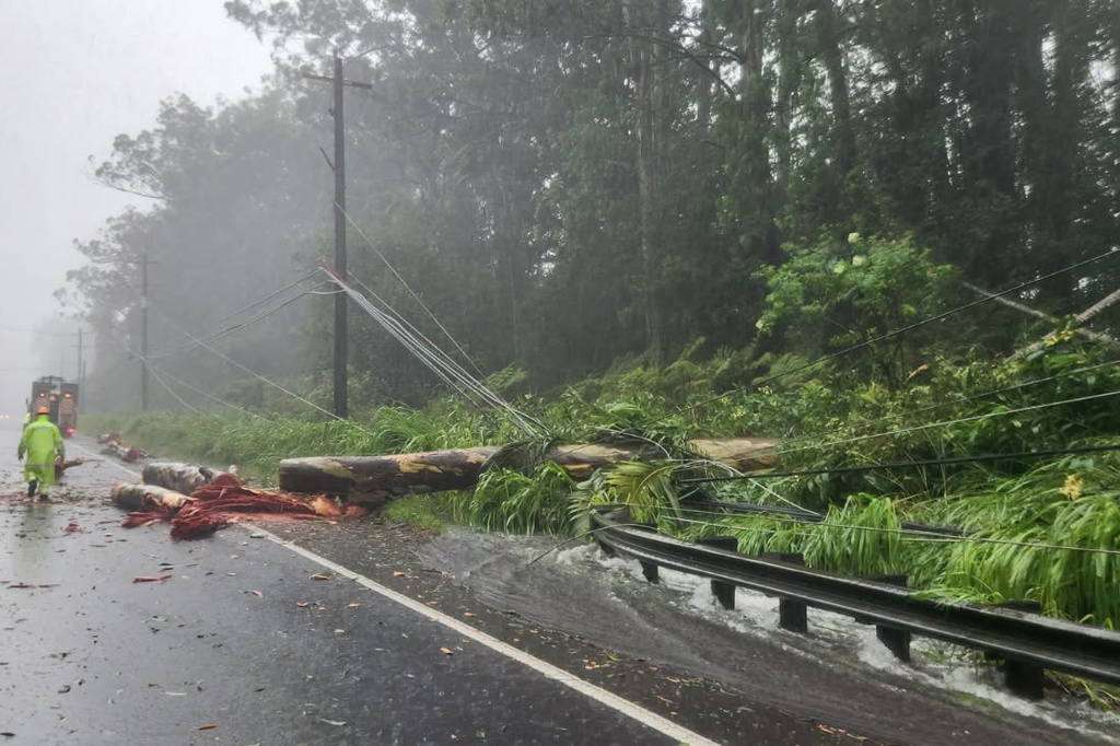 This photo released by the Hawaii Department of Transportation shows damage along a roadway on the eastern edge of Hawaii's Big Island from Hurricane Lala, Saturday, Aug. 15, 2026. (Hawaii Department of Transportation via AP)