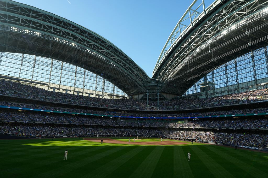 The roof is open at American Family Field during the second inning of Game 2 of a National League Divisional baseball playoff series between the Milwaukee Brewers and the San Diego Padres Sunday, Oct. 4, 2026, in Milwaukee. (AP Photo/Chris Carlson)