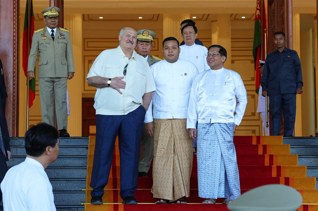 In this photo released by Belarusian presidential press service, Belarusian President Alexander Lukashenko and Myanmar's Military leader Senior Gen. Min Aung Hlaing, centre right, seen during their meeting in Naypyitaw, Myanmar, Friday, Nov. 28, 2025 (Belarusian Presidential Press Service via AP)