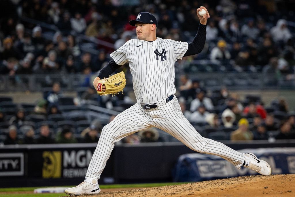 New York Yankees pitcher Brent Headrick (47) pitches during the seventh inning of a baseball game against the Athletics, Tuesday, April 7, 2026, in New York. (AP Photo/Angelina Katsanis)