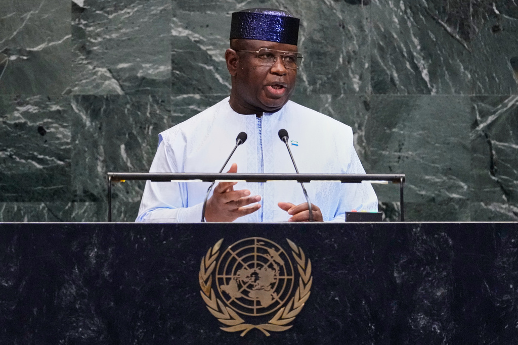 Sierra Leone President Julius Maada Bio addresses the 80th session of the United Nations General Assembly, Wednesday, Sept. 24, 2025. (AP Photo/Richard Drew)