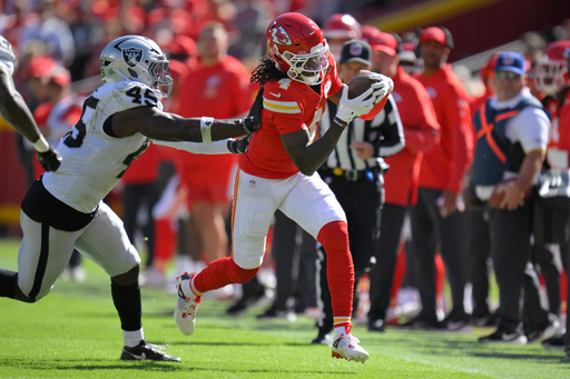 Kansas City Chiefs wide receiver Rashee Rice (4) is pushed out of bounds by Las Vegas Raiders linebacker Devin White (45) during the first half of an NFL football game Sunday, Oct. 19, 2025, in Kansas City, Mo. (AP Photo/Reed Hoffmann) Kansas City Chiefs wide receiver Rashee Rice (4) is pushed out of bounds by Las Vegas Raiders linebacker Devin White (45) during the first half of an NFL football game Sunday, Oct. 19, 2025, in Kansas City, Mo. (AP Photo/Reed Hoffmann)