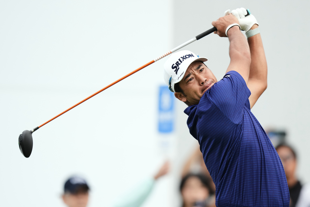 Hideki Matsuyama of Japan tees off on the first hole during the first round of the Baycurrent Classic golf tournament at the Yokohama Country Club in Yokohama, near Tokyo, Thursday, Oct. 9, 2025. (AP Photo/Hiro Komae)