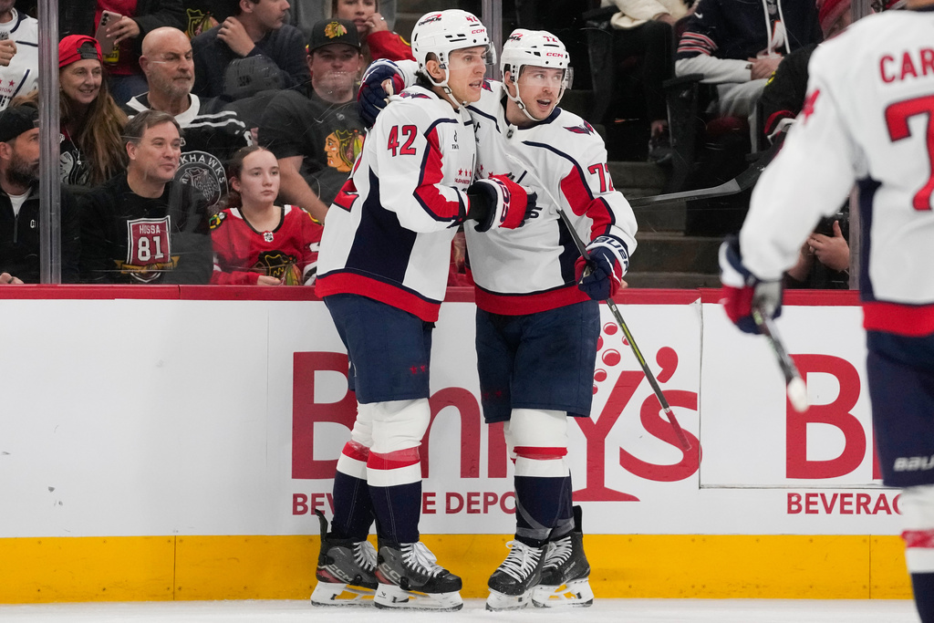 Washington Capitals left wing Anthony Beauvillier, right, celebrates his goal on the Chicago Blackhawks with defenseman Martin Fehérváry (42) during the first period of an NHL hockey game, Friday, Jan. 9, 2026, in Chicago. (AP Photo/Erin Hooley)
