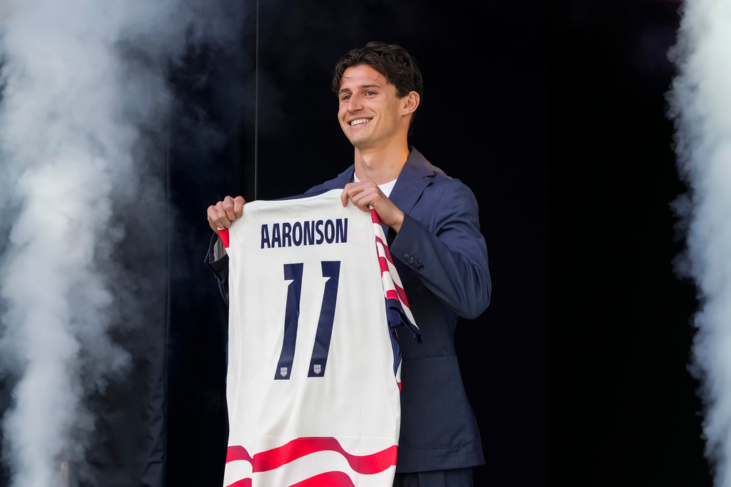 Midfielder Brenden Aaronson of the United States men's national soccer team is presented during the announcement of the team roster on Tuesday, May 26, 2026, in New York City, ahead of the 2026 FIFA World Cup. (AP Photo/Eduardo Munoz Alvarez)