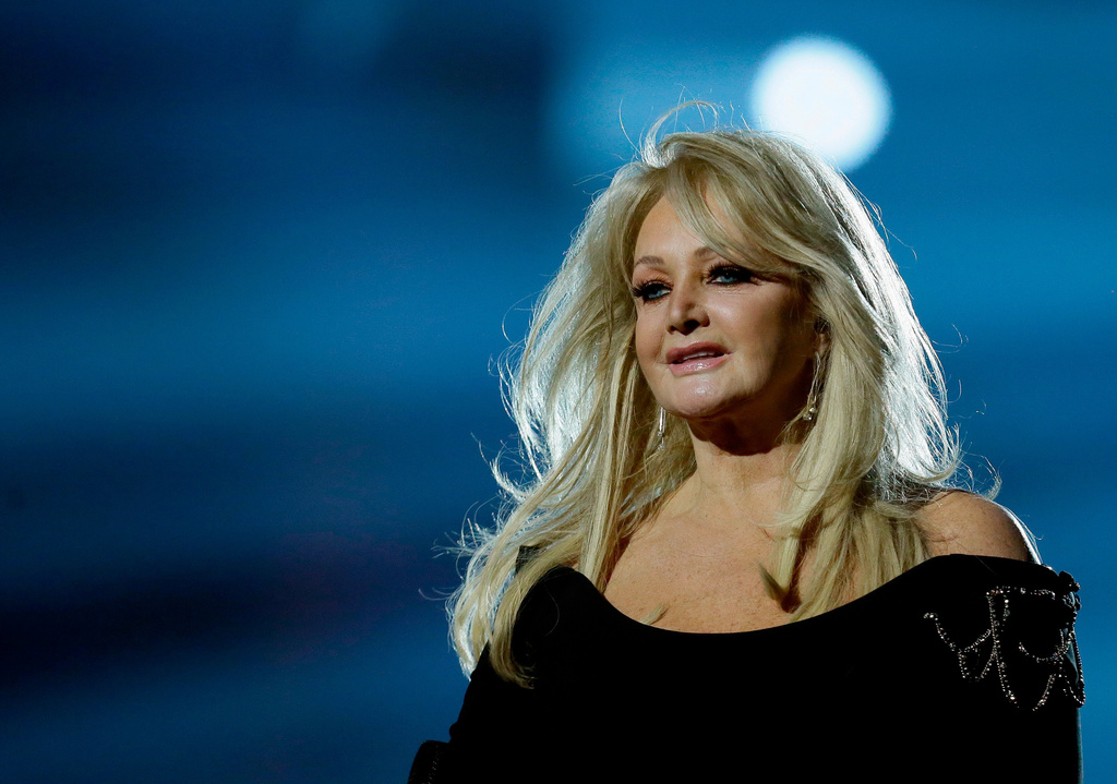 FILE - Singer Bonnie Tyler performs her song "Believe in Me" during a rehearsal for the final of the Eurovision Song Contest at the Malmo Arena in Malmo, Sweden on May 17, 2013. (AP Photo/Alastair Grant, File)