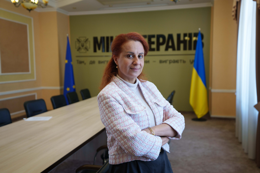 Natalia Kalmykova, Ukraine's Veterans Affairs Minister poses for a photo at her office in Kyiv, Ukraine, Wednesday, June 17, 2026. (AP Photo/Evgeniy Maloletka)