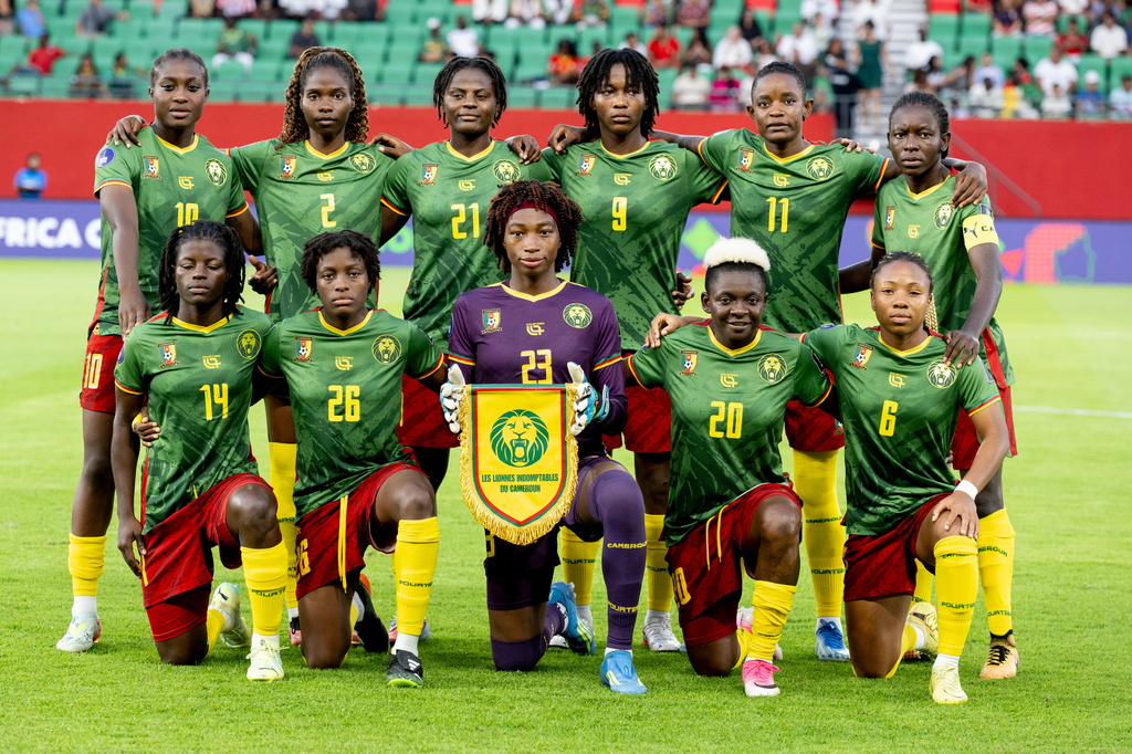 Cameroon's women soccer team poses for a photo ahead of their final match against Malawi during the Women AFCON 2026, in Rabat, Morocco, Sunday, Aug. 16, 2026. (AP Photo)