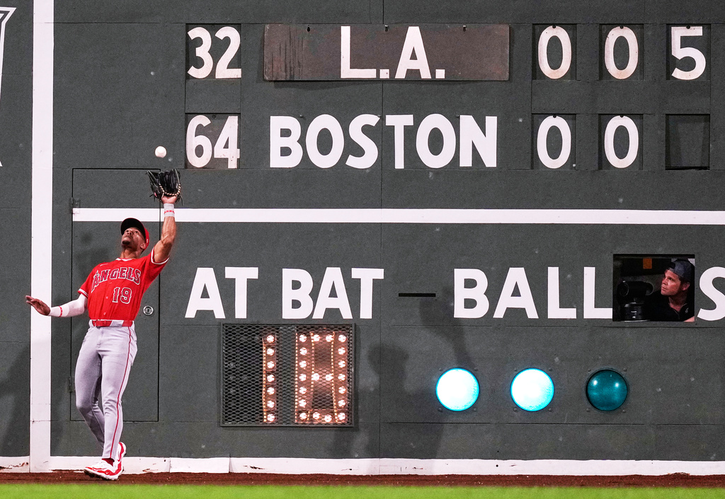 Los Angeles Angels' Kyren Paris fields a fly out by Boston Red Sox's Nate Eaton during the third inning of a baseball game, Wednesday, Sept. 9, 2026, in Boston. (AP Photo/Charles Krupa)