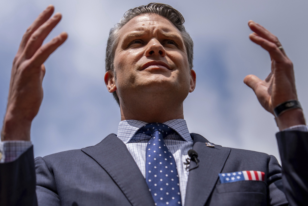 FILE - Secretary of Defense Pete Hegseth speaks to reporters at the Pentagon, July 16, 2025, in Washington. (AP Photo/Julia Demaree Nikhinson, File)