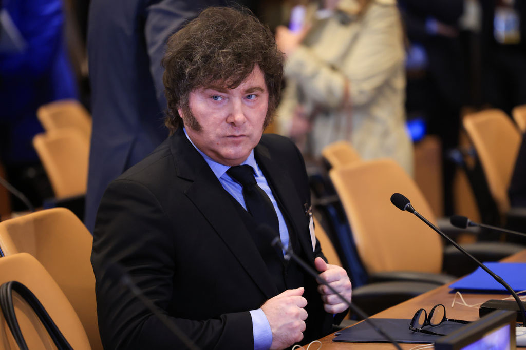 Argentina's President Javier Milei attends a meeting of the multinational political and security coalition "Shield of the Americas" on the sidelines the United Nations General Assembly, Tuesday, Sept. 22, 2026, at the UN headquarters. (Charly Triballeau/Pool Photo via AP)