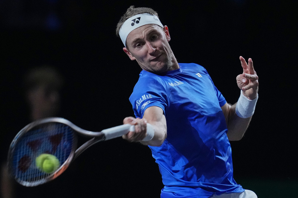 Team Europe's Casper Ruud plays a return to Team World's Francisco Cerundolo during a Laver Cup tennis tournament match in London, Friday, Sept. 25, 2026. (AP Photo/Maja Smiejkowska)