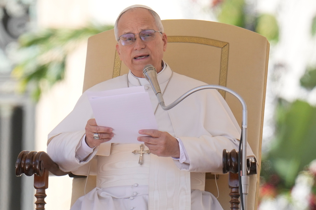 Pope Leo XIV delivers his speech during his weekly general audience in St. Peter's Square, at the Vatican, Wednesday, April 8, 2026. (AP Photo/Gregorio Borgia)