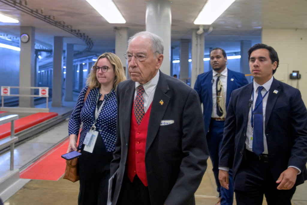Sen. Chuck Grassley, R-Iowa, walks through the Senate subway at the U.S. Capitol during a vote, Friday, August 7, 2026, in Washington. (AP Photo/Rod Lamkey, Jr.)
