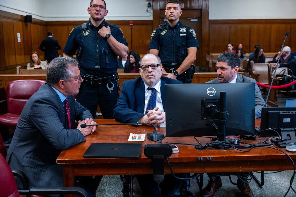 Harvey Weinstein appears with attorneys Marc Agnifilo, left, and Jacob Kaplan in Manhattan criminal court, Thursday, May 14, 2026, in New York. (Spencer Platt/Pool Photo via AP)