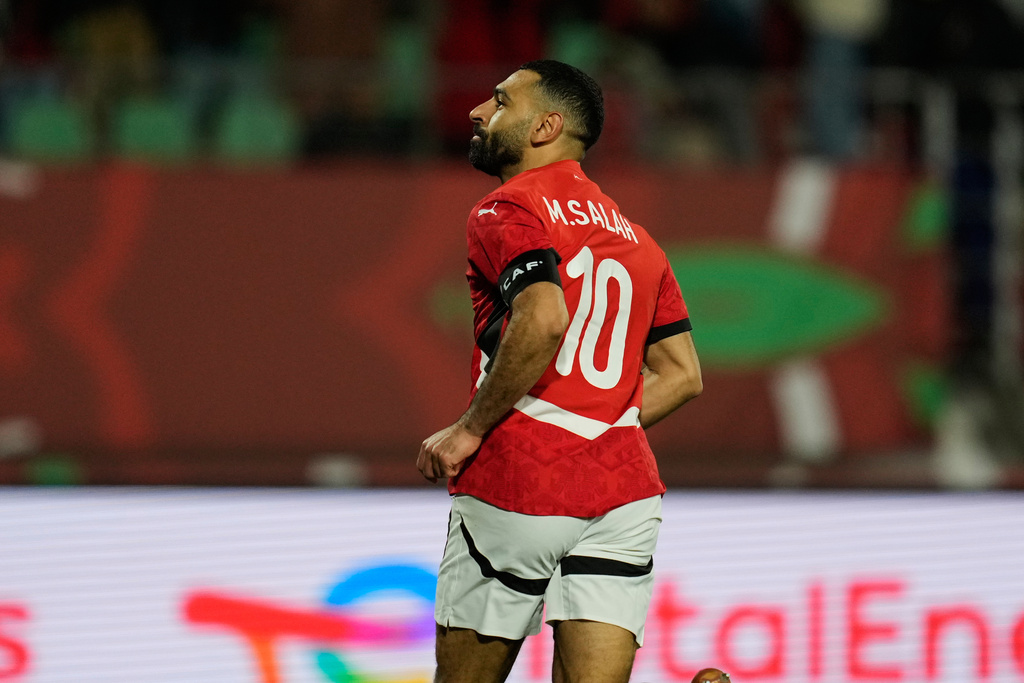 Egypt's Mohamed Salah celebrates after scoring during the Africa Cup of Nations group B soccer match between Egypt and Zimbabwe in Agadir, Morocco, Monday, Dec. 22, 2025. (AP Photo/Mosa'ab Elshamy)