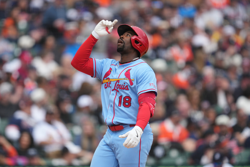 St. Louis Cardinals' Jordan Walker celebrates his grand slam against the Detroit Tigers in the fifth inning of a baseball game Saturday, April 4, 2026, in Detroit. (AP Photo/Paul Sancya)
