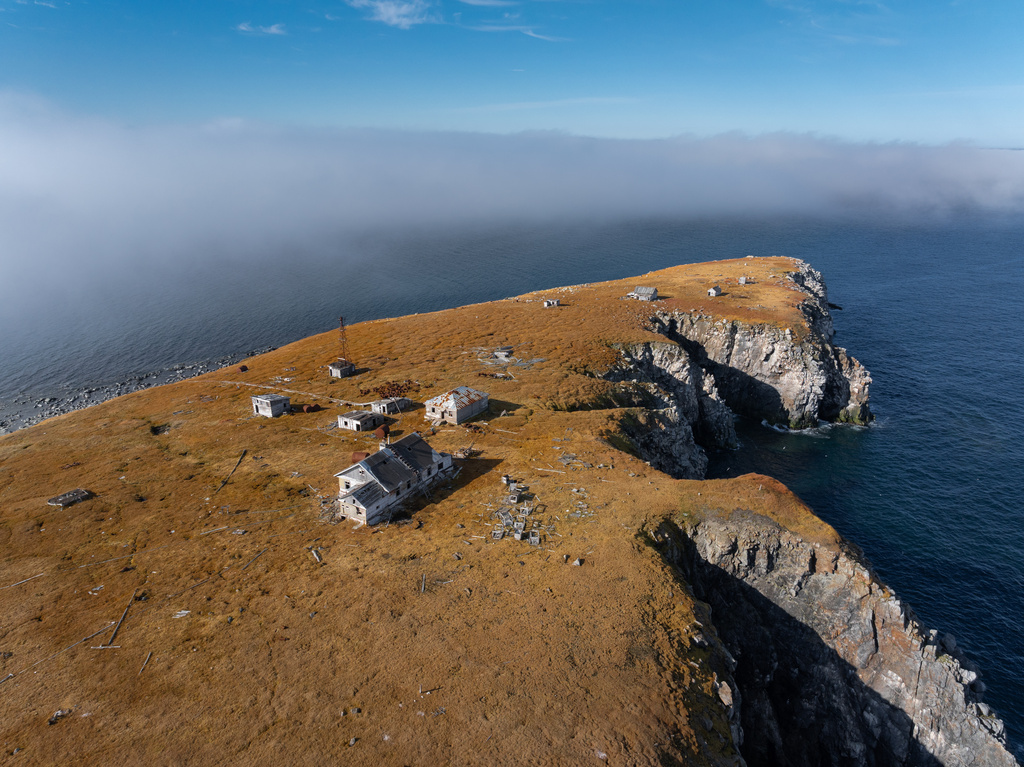 An aerial view of an abandoned research station on Koluchin Island, off Chukotka, Russia, in the country's Far East, on Sunday, Sept. 14, 2025. (AP Photo/Vadim Makhorov)