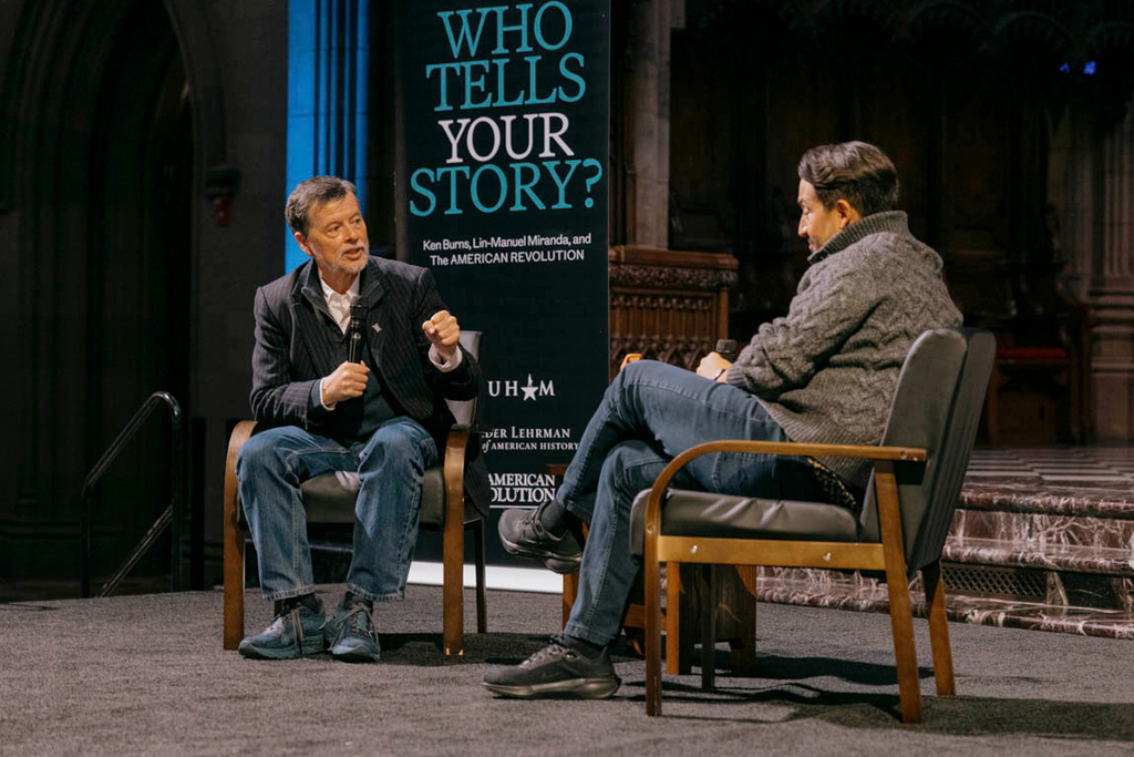 This image released by Trinity Church NYC shows Ken Burns, left, and Lin-Manuel Miranda at a “Who tells your story?” event at the church in New York on Nov. 12, 2025. (Jose A. Alvarado/Trinity Church NYC via AP)