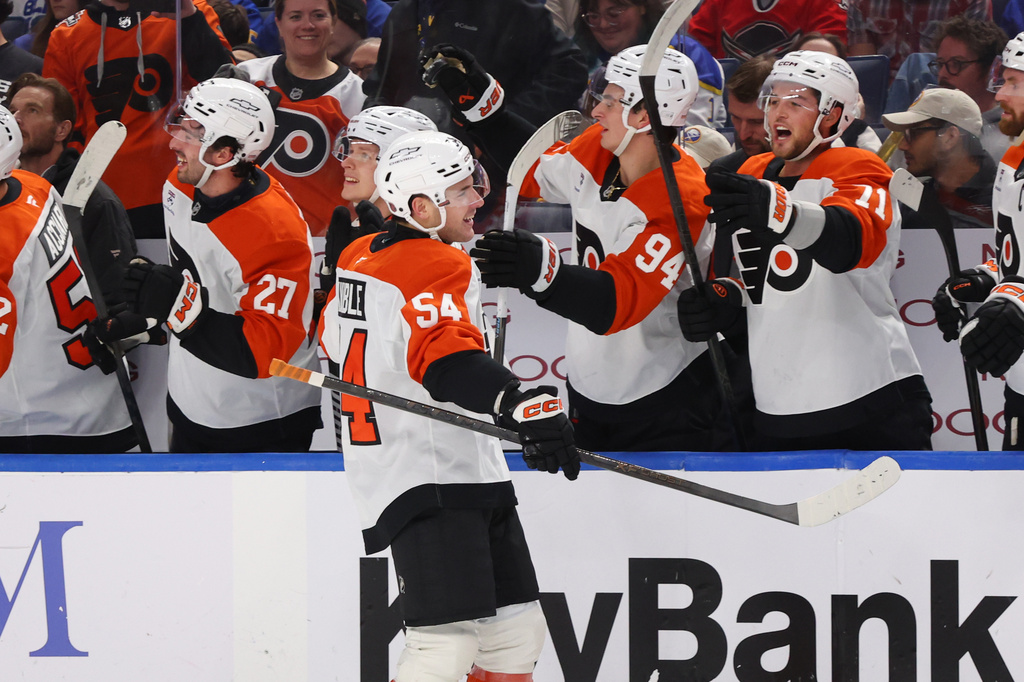 Philadelphia Flyers Cole Knuble (54) celebrates his goal during the first period of an NHL hockey game against the Buffalo Sabres Wednesday, Oct. 21, 2026, in Buffalo, N.Y. (AP Photo/Jeffrey T. Barnes)