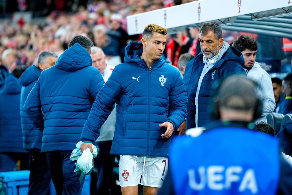 Portugal's Cristiano Ronaldo starts on the bench during a Nations League soccer match between between Norway and Portugal, in Oslo, Sunday, Sept. 27, 2026. (Cornelius Poppe/NTB Scanpix via AP)