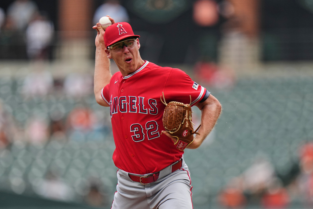 Los Angeles Angels starting pitcher Ryan Johnson (32) delivers during the first inning of a baseball game against the Baltimore Orioles, Thursday, Aug. 6, 2026, in Baltimore. (AP Photo/Stephanie Scarbrough)