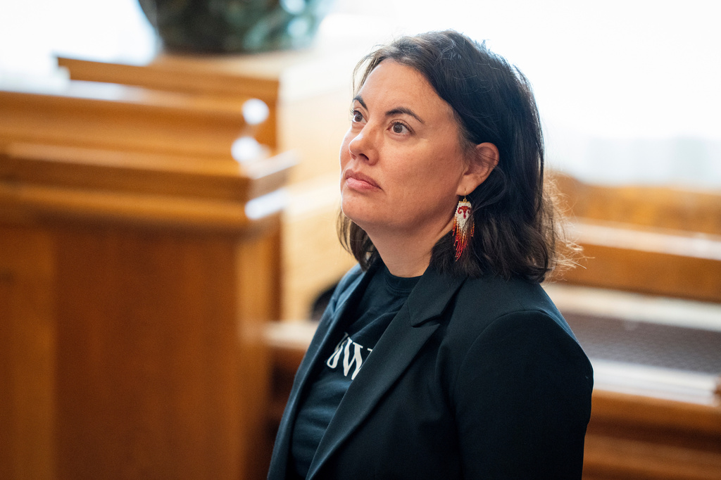 Greenlands Naaja H. Nathanielsen during a meeting in the Folketing Hall at Christiansborg, Copenhagen, Thursday, Aug. 27, 2026. The meeting includes a vote on compensation in the so called "spiral case". (Ida Marie Odgaard/Ritzau Scanpix via AP)