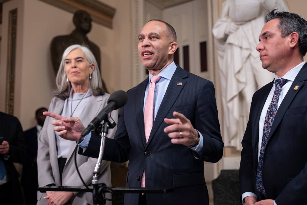 House Minority Leader Hakeem Jeffries, D-N.Y., joined by Rep. Katherine Clark, D-Mass., left, and Rep. Pete Aguilar, D-Calif., speaks to reporters just after the House passed legislation that extends expired health care subsidies for those who get coverage through the Affordable Care Act, at the Capitol in Washington, Thursday, Jan. 8, 2026. (AP Photo/J. Scott Applewhite)