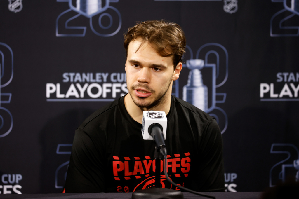 Carolina Hurricanes' Logan Stankoven speaks following Game 1 of an NHL hockey Stanley Cup second-round playoff series against the Philadelphia Flyers in Raleigh, N.C., Saturday, May 2, 2026. (AP Photo/Karl DeBlaker)