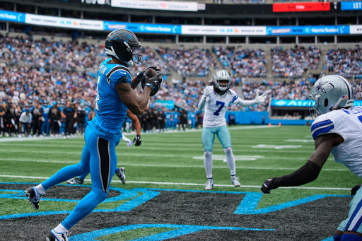 Carolina Panthers wide receiver Tetairoa McMillan (4) catches a touchdown pass in front of Dallas Cowboys' Trevon Diggs (7) and Donovan Wilson, right, in the second half of an NFL football game, Sunday, Oct. 12, 2025, in Charlotte, N.C. (AP Photo/Jacob Kupferman) Carolina Panthers wide receiver Tetairoa McMillan (4) catches a touchdown pass in front of Dallas Cowboys' Trevon Diggs (7) and Donovan Wilson, right, in the second half of an NFL football game, Sunday, Oct. 12, 2025, in Charlotte, N.C. (AP Photo/Jacob Kupferman)