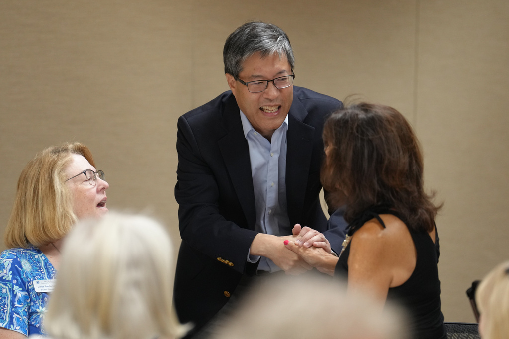 Richard Pan, the Democratic candidate for the California 6th District seat in the House of Representatives in the Nov. 3 election, greets people at a campaign event, in Roseville, Calif., Thursday, Aug. 6, 2026. (AP Photo/Rich Pedroncelli)