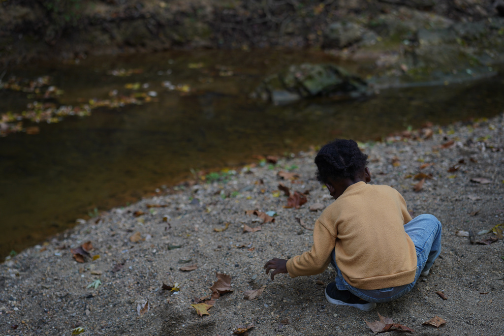 A child plays by the creek behind Collins Avenue during the Baltimore Gift Economy's third annual "Finding Home" gathering on Sunday, Oct. 19, 2025, in Baltimore. (AP Photo/Jessie Wardarski)