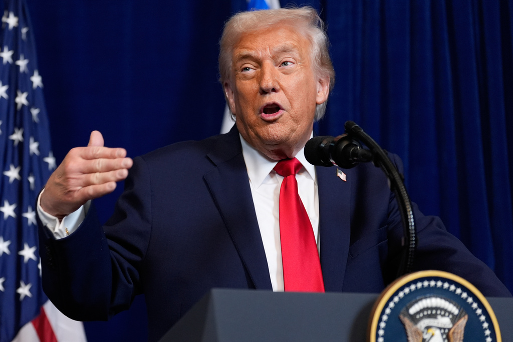 President Donald Trump speaks during a news conference with Israel's Prime Minister Benjamin Netanyahu at Mar-a-Lago, Monday, Dec. 29, 2025, in Palm Beach, Fla. (AP Photo/Alex Brandon)