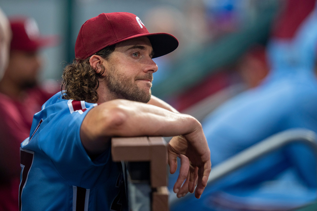 Philadelphia Phillies' Aaron Nola looks on after being pulled during the seventh inning of a baseball game against the New York Mets, Thursday, July 16, 2026, in Philadelphia. (AP Photo/Chris Szagola)